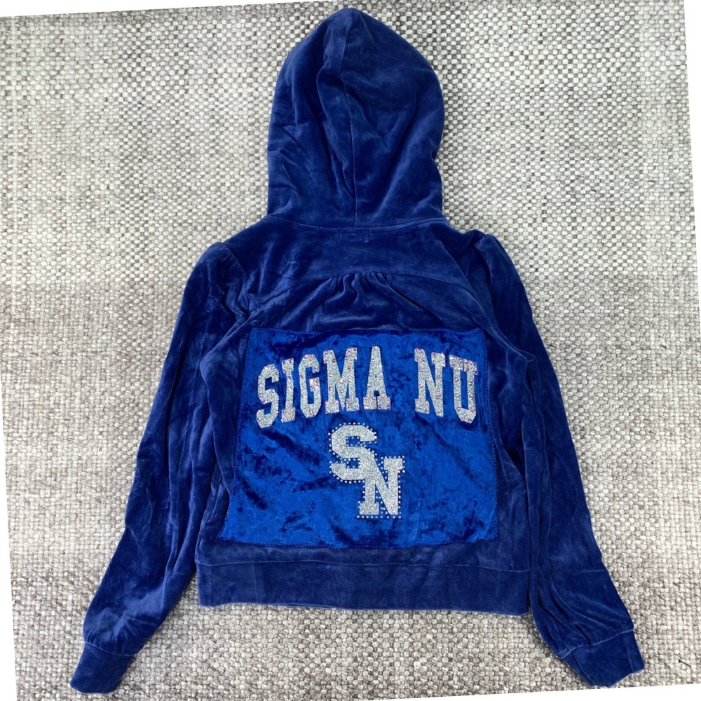 Juicy Couture Hoodie Girls M 10/12 Blue Velour Sigma Nu Rhinestone Y2K Zip Up